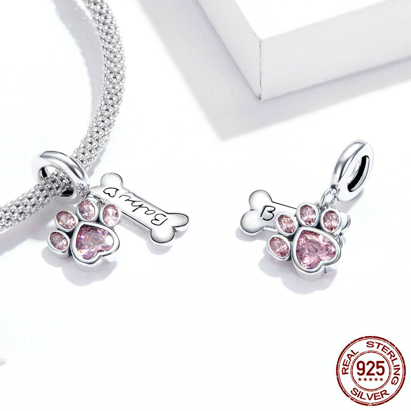 Dog Paw Beads 925 Silver Cute Animal Pink Paw Print DIY Charm