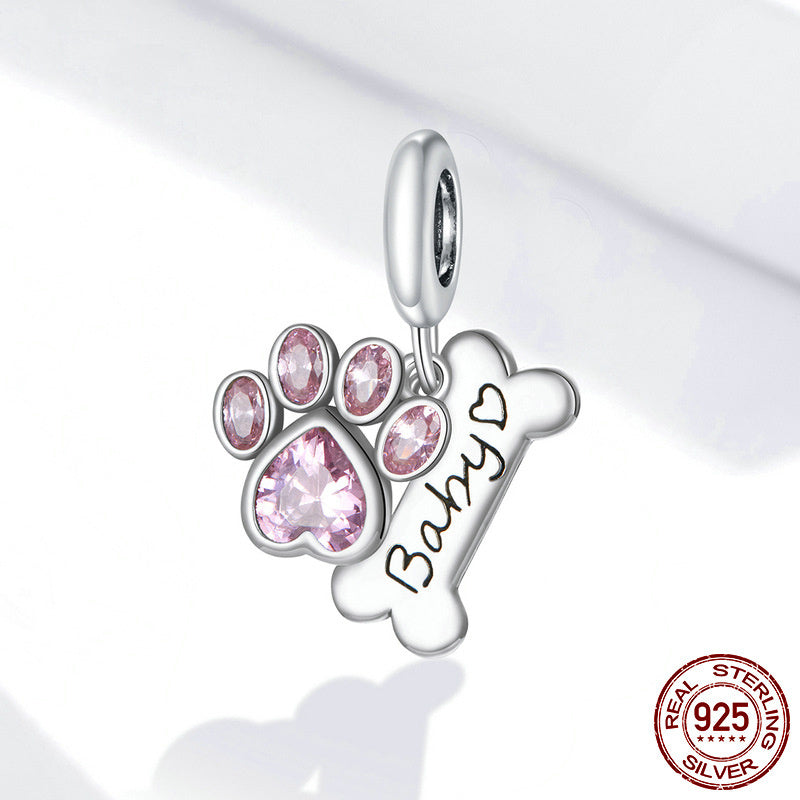 Dog Paw Beads 925 Silver Cute Animal Pink Paw Print DIY Charm