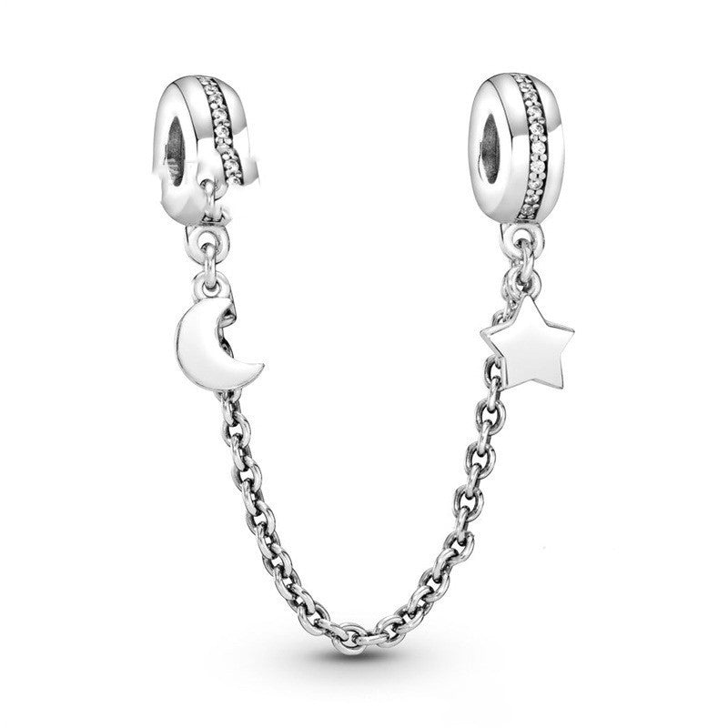 Charm Bracelet 925 Sterling Silver Hand Sparkling Moon Star Safety Chain Clip