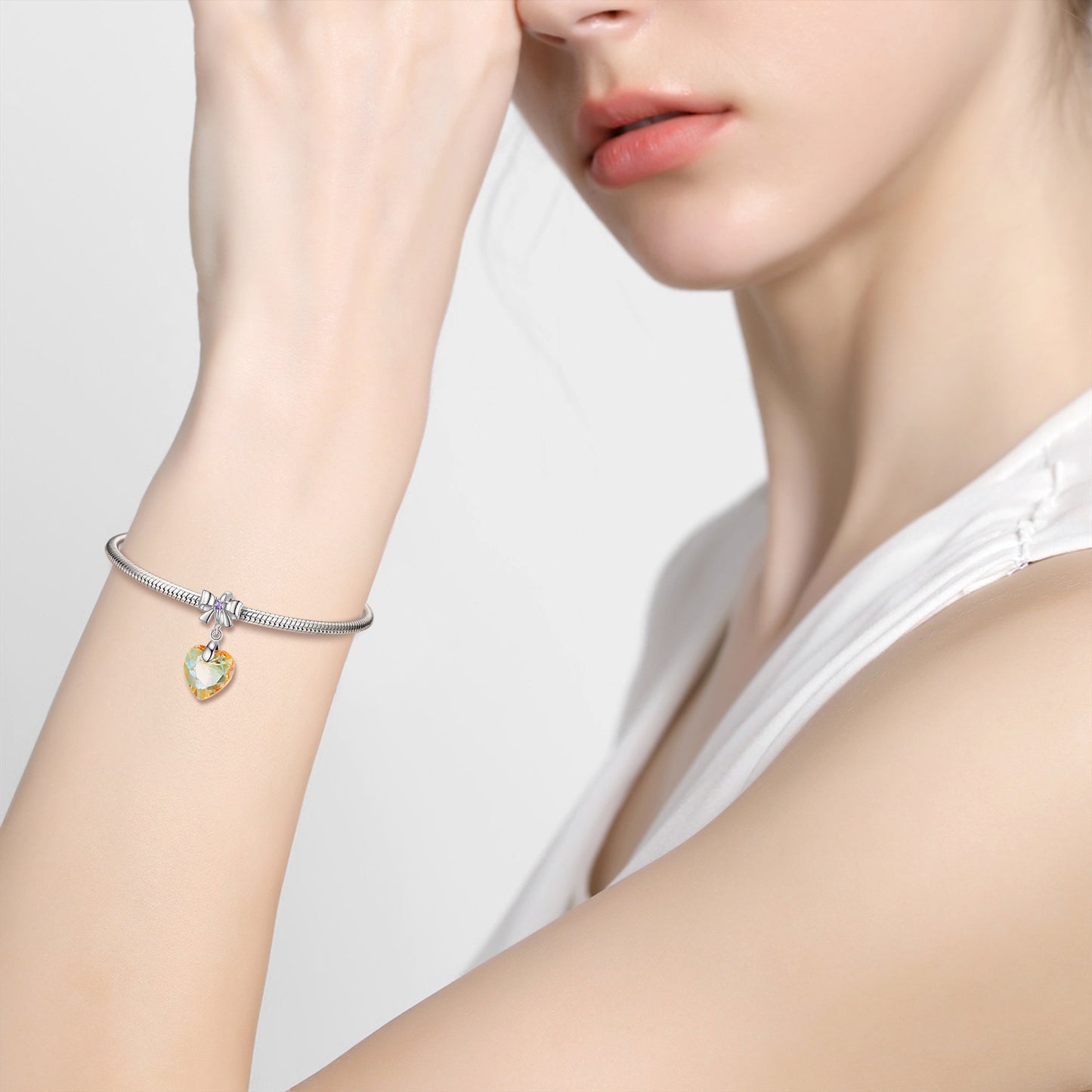 Sunshine Golden Yellow Heart Crystal Pendant Sterling Silver 925 Bow Necklace Bracelet Diy Pendant