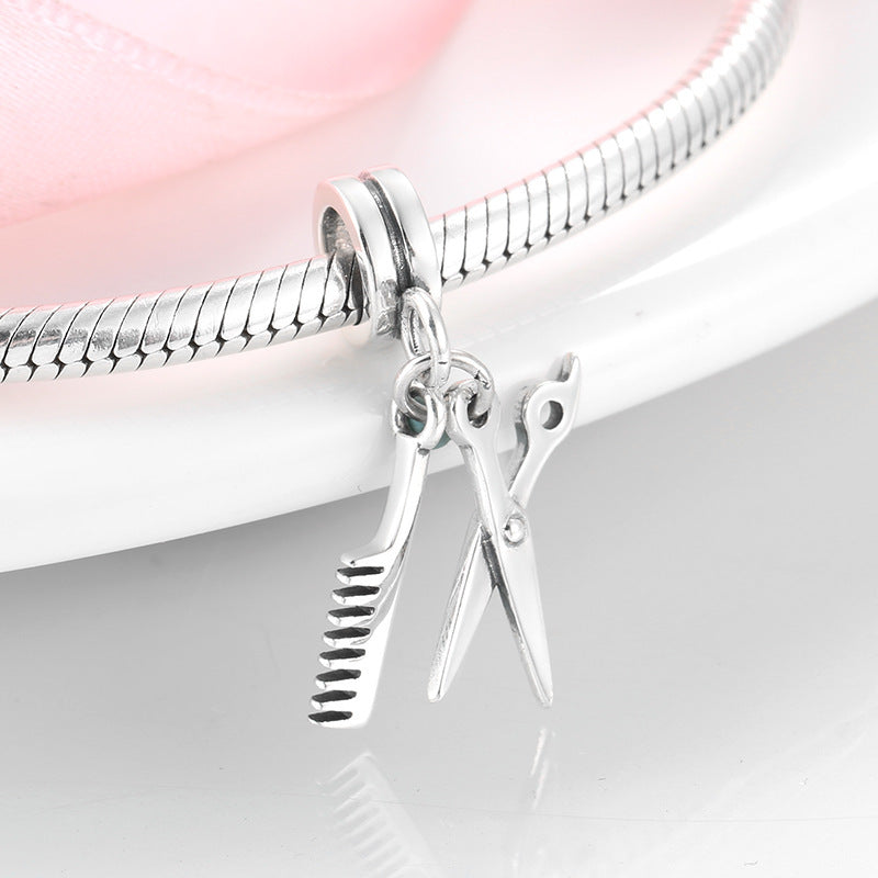 Sterling Silver Pearl Pendant Hair Dryer Scissors Comb Bracelet