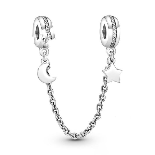 Charm Bracelet 925 Sterling Silver Hand Sparkling Moon Star Safety Chain Clip