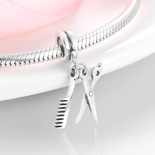 Sterling Silver Pearl Pendant Hair Dryer Scissors Comb Bracelet